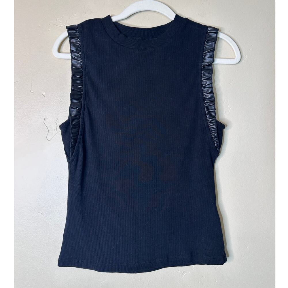 Dear John Black Ribbed Sleeveless Top with Faux Leather Ruffle Small